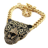 -Large rhinestone leopard head pendant on thick link chain. Nicely detailed and well made in lighter weight alloy metal with goldtone and silvertone finish. Free shipping from abroad with an average delivery time to the USA of about 3 weeks.

Leopard hip-hop hiphop fashion bling classic jungle big cat -