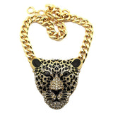 -Large rhinestone leopard head pendant on thick link chain. Nicely detailed and well made in lighter weight alloy metal with goldtone and silvertone finish. Free shipping from abroad with an average delivery time to the USA of about 3 weeks.

Leopard hip-hop hiphop fashion bling classic jungle big cat -Goldtone-