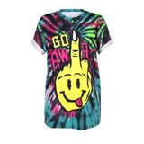 Go Away Tie-Dye Tee, Innergalactic Rude Retro Punk Smiley Finger Shirt-High quality tie-dye allover graphic print t-shirt with large smiley face middle finger graphic. Thin, soft and stretchy polyester and spandex blend tee. Unisex style and sizing. See size chart in images.This shirt typically ships in 2-3 business days from abroad and arrives in about 2 weeks.-L-