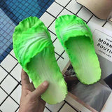 Cabbage Leaf Sandals, Funny Weird Shoes Bizarre Footwear Unique Gift-Salad Feet? Now that's Fresh style! A unique pair of sandals designed to look like leafy greens. Why you ask? Why not! Made of soft, comfortable & super flexible PVC. Suitable for indoor and out. Free Shipping. Produce, Cabbage, Lettuce, Romaine, Green, Purple, Yellow, Pink, Veggies, Vegetable, Vegan Slippers Slides-Green-3-
