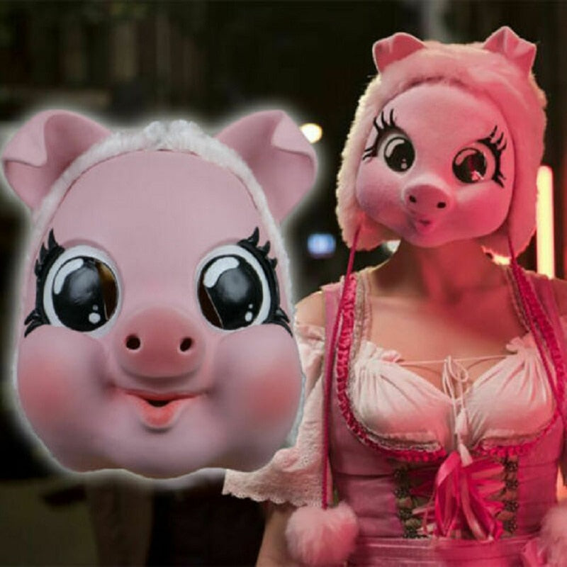 -High quality latex and plush fabric over-the-head pink pig mask. One size fits most adults. Free shipping from abroad.

Halloween costume female assassin cosplay horror psychopath sadistic female assassin murder piggy french Amsterdam killing s02e04 eve season 2 bdsm kink kinky cosplay creepy girly sexy killer psycho-