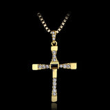 Dominic Toretto Cross Necklace -Quality replica of Dominic Toretto's cross necklace from the Fast and Furious movies. The alloy metal and crystal cross pendant measuring 3.9x5.1cm/1.5x2in, available in silver or gold finish. Free shipping.

Prop replica mens jewelry religious crystal cross christian pendant necklace racing film franchise fan gift.-Gold-