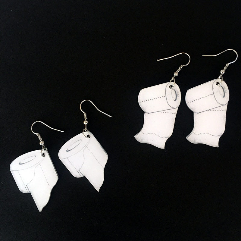 Unique Toilet Paper Roll Dangle Earrings, Weird WTF Fashion-Funny and unique pair of toilet paper roll dangle fashion earrings. Horizontal or vertical rolls. Free Shipping Worldwide. Weird WTF Weirdest jewelry gift crust punk Trump 2020 pandemic TP bathroom trash fashion accessory. #toiletpaper #toiletpaperpanic #toiletpaperapocalypse US crisis retail panic meme joke-