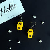 Unique 3D Yellow Trash Bin Drop Earrings, Free Shipping Worldwide-Unique 3D yellow trash bin drop / dangle earrings. Each measures about 3 cm tall and 1 cm wide. Free Shipping Worldwide. These items ship from abroad and typically arrive in about 2 weeks. Fun funny weird wtf punk nu goth rubbish waste bin garbage can fashion accessories. -
