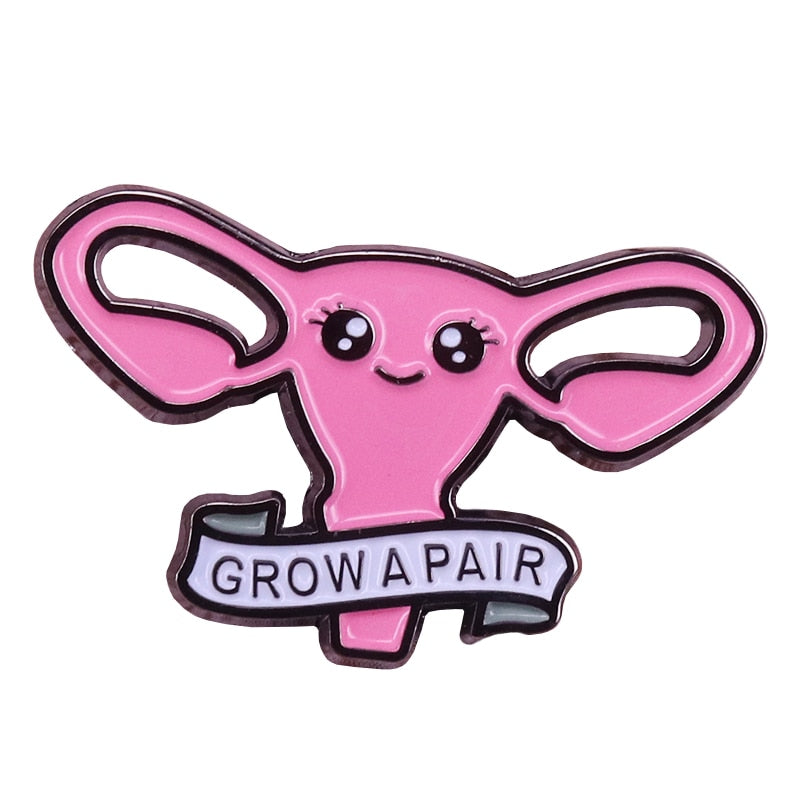 -Quality metal and enamel pin. Measures about 3cm. Free shipping from abroad with average delivery time to the USA of about 3 weeks.

Feminist funny kawaii cute uterus Grow A Pair of Ovaries pin badge pinback-