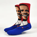 -Pair of high quality illustrated Barack Obama socks. One size fits most. Mens / unisex US size 9-10, 95% cotton 5% polyester. Free Shipping. These socks ship from abroad and typically arrive in about 2-3 weeks. -