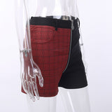 Zipper Split High Waist Goth Punk Shorts, Black & Red Plaid Skinny Fit-Unique high waisted, streetwear style shorts with DIY gothic punk twist. Contrasting black and red plaid, mismatched / mirrored legs with reverse fabric accents, split at center by a long zipper fly running from back to front. Skinny fit with mid-high rise waist, Finished with metal pentacle zipper pull. Free Shipping-