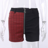 Zipper Split High Waist Goth Punk Shorts, Black & Red Plaid Skinny Fit-Unique high waisted, streetwear style shorts with DIY gothic punk twist. Contrasting black and red plaid, mismatched / mirrored legs with reverse fabric accents, split at center by a long zipper fly running from back to front. Skinny fit with mid-high rise waist, Finished with metal pentacle zipper pull. Free Shipping-Black and Red-S-