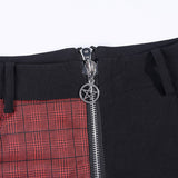 Zipper Split High Waist Goth Punk Shorts, Black & Red Plaid Skinny Fit-Unique high waisted, streetwear style shorts with DIY gothic punk twist. Contrasting black and red plaid, mismatched / mirrored legs with reverse fabric accents, split at center by a long zipper fly running from back to front. Skinny fit with mid-high rise waist, Finished with metal pentacle zipper pull. Free Shipping-