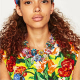 Boca Tropical Statement Necklace - Flowers, Flamingo, Palm Trees-Highly detailed statement collar necklace made up of tropical flowers, flamingos and palm trees... all paved with colorful cut glass gemstones. An exquisite ornamental Florida fashion accessory. Large, heavier costume jewelry necklace. Free Shipping Worldwide. Ships from abroad and typically arrives in 2-3 weeks.-