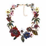 Boca Tropical Statement Necklace - Flowers, Flamingo, Palm Trees-Highly detailed statement collar necklace made up of tropical flowers, flamingos and palm trees... all paved with colorful cut glass gemstones. An exquisite ornamental Florida fashion accessory. Large, heavier costume jewelry necklace. Free Shipping Worldwide. Ships from abroad and typically arrives in 2-3 weeks.-