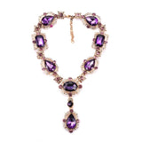 Empress Liza Statement Necklace, Large Chunky Glass Gemstone-High quality costume jewelry statement necklace - large chunky square and teardrop shaped glass gemstones & accent stones in your choice of color - green, purple, champagne, white or smoke. An exquisite ornamental fashion accessory - costuming, cosplay, goth queen, royal relic baroque, madrigal, medieval, gothic vamp. -Purple-