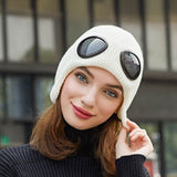-Fashionable thick (160g) plush lined, knit polyester beanie with bomber cap style ear flaps and built in tinted goggles. Orange, black, white, green, purple, blue or yellow modern European style winter hat. A fun and functional fashion accessory for travel and outdoor activity on cold days. Free Shipping Worldwide. -White-