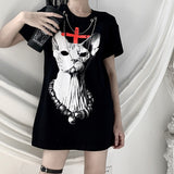 Underlord Oversized Print Gothic Sphynx Graphic Tee with Chain Accents-All Hail! This striking oversized print tee will not be ignored. A long, stretchy 70/30 cotton polye blend short sleeve tee with high quality gothic sphynx graphic print, metal rivets and chain accents. Free Shipping Worldwide. Dark goth gothic, wrinkled sphynx hairless cat devon rex kitty overlord. creepy cute kowai-