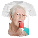 Popsicle Gran Graphic Tee - Weird WTF Suggestive Grandma Meme Shirt-Mens / unisex graphic tee with short sleeves and crew neck. Stretchy synthetic polyester/spandex blend tshirt with large print.Asian sizing which runs much smaller than US sizes. Weird weirdest WTF sexually suggestive grandma granny nan meme disturbing GILF meme shirt sexy over the hill old lady funny joke gag gift. -White-4XL-