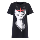 Underlord Oversized Print Gothic Sphynx Graphic Tee with Chain Accents-All Hail! This striking oversized print tee will not be ignored. A long, stretchy 70/30 cotton polye blend short sleeve tee with high quality gothic sphynx graphic print, metal rivets and chain accents. Free Shipping Worldwide. Dark goth gothic, wrinkled sphynx hairless cat devon rex kitty overlord. creepy cute kowai-Black-L-