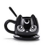 -High quality ceramic black cat with crescent moon coffee mug, spoon and saucer set. Free shipping from abroad. 2 shipping options: slower averaging 2-4 weeks to the USA or faster averaging 2 weeks. 

Crescent moon luna kitty anime witch cat witches familiar goth gothic witchcraft coffee mug tea cup gift set.-Slower Shipping-Right Handle-