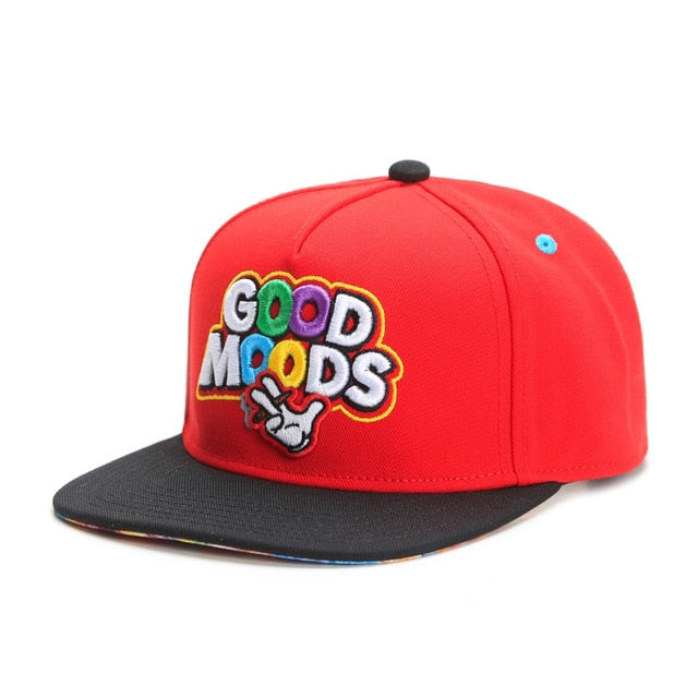 Good Moods 3D Embroidered Snapback Cap-High quality embroidered red and black baseball cap with multicolor eyelets, cereal bowl on left side and fruity loop / fruit ring cereal pattern printed underbill. One size fits most with snapback adjustment.Free shipping. Fun funny high quality hiphop streetwear fashion 5-panel hat.-