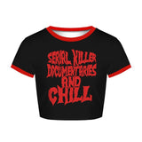 Serial Killer Documentaries and Chill Ringer Elasticized Crop Top-Black and red ringer style elasticized crop top with high quality print.Free Shipping Worldwide. Creepy Cute Kowai "Serial Killer Documentaries and Chill" Goth Gothic Harajuku Short Stretchy Shiny, Tight and Slim Retro Graphic Tee, Elastic T-shirt, Midriff Womens Juniors Dark Fashion Top -Red-S-