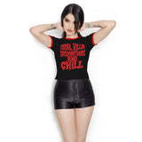 Serial Killer Documentaries and Chill Ringer Elasticized Crop Top-Black and red ringer style elasticized crop top with high quality print.Free Shipping Worldwide. Creepy Cute Kowai "Serial Killer Documentaries and Chill" Goth Gothic Harajuku Short Stretchy Shiny, Tight and Slim Retro Graphic Tee, Elastic T-shirt, Midriff Womens Juniors Dark Fashion Top -