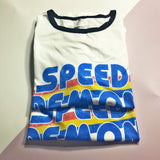 -Funny retro vintage Speed Demon ringer tee. Ringer style shirt made of a super soft and stretchy modal polyester. Free Shipping from abroad with average delivery to the USA in about 2-3 weeks.

Seventies Eighties Nineties 70s 80s 90s Distressed Hillbilly Hipster Graphic T-Shirt Racing Rainbow Stripe Text -