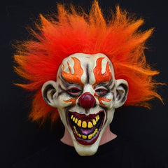 -An evil clown who just wants to watch the world burn... squinting, mouth wide with murderous laughter and appropriately flared makeup and flame-like hair. Full over the head latex mask. One size fits most. Free shipping. Halloween costume cosplay horror laughing fire murder clown circus carnival hell demon devil -