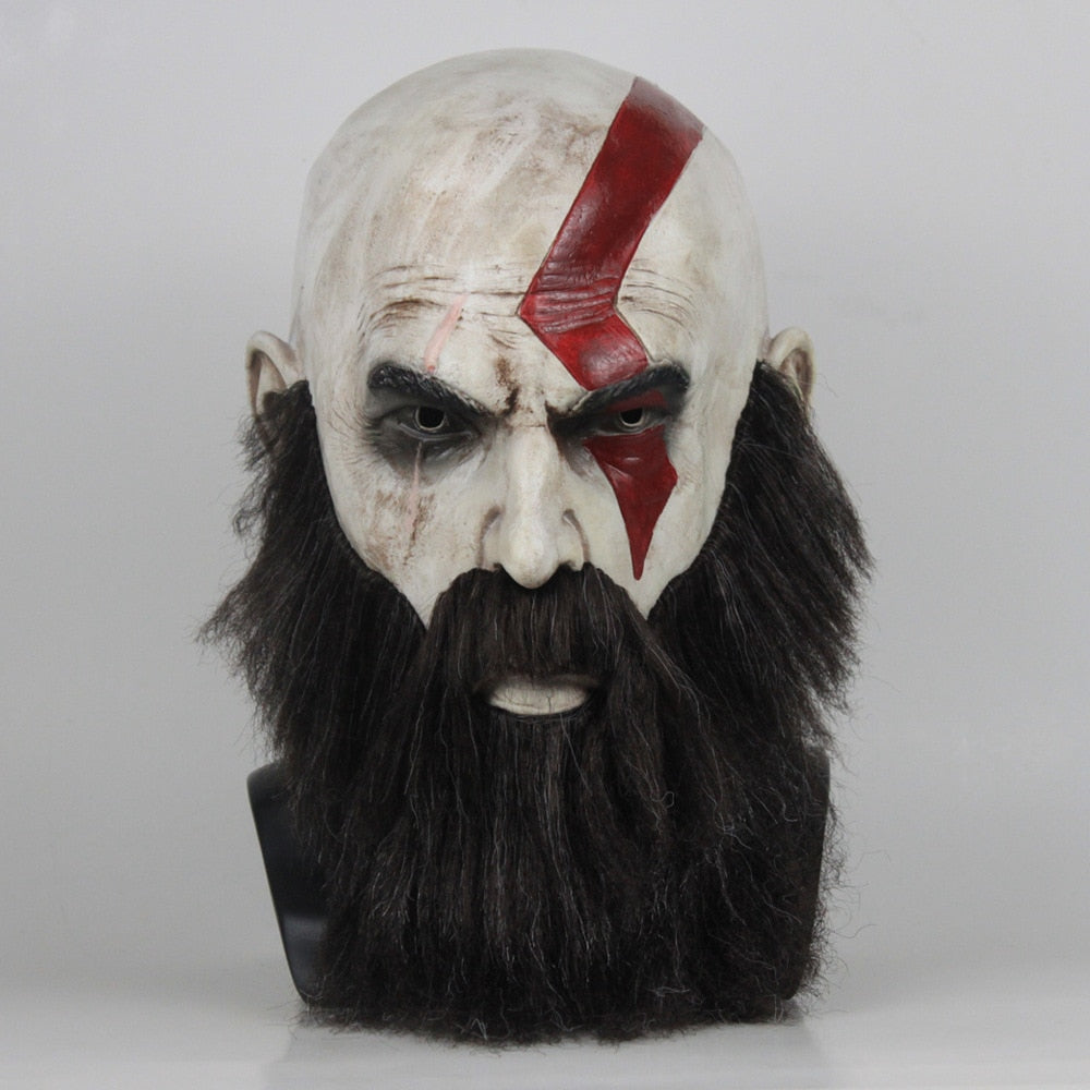 -High quality God of War IV Kratos latex over-the-head mask with attached beard. Free shipping from abroad. These masks typically arrive to the USA in about 2-3 weeks.

GOW gamer character mask halloween costume cosplay mask prop collectible-