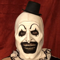 Terrifier Art The Clown Horror Cosplay Mask-High quality Art the Clown latex over-the-head mask with tie on hat. One size fits most adults. Free shipping. Halloween costume super creepy disturbing sadistic murder clown with tiny tophat low budget b-movie scary freaky weird bizarre gore circus nightmare fuel all hallow's eve-
