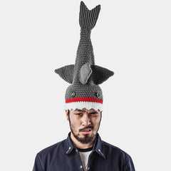 -Unique funny knit shark attack hat. Handmade, knitted from acrylic wool yarn with button eyes. Hilarious gaping mouth biting great white shark with fins standing on head with teeth exposed great holiday shark attack week gift tv watching marine biology animal bite halloween costume fall winter cap goofy weird dad hat-