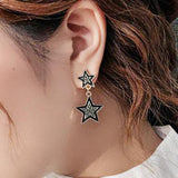 -Stunning pair of double star stud & drop earrings with black outline and choice of bright silver white or darker gunmetal gray crystal interiors. Alloy metal with sterling silver ear posts. Free shipping worldwide. Crystals paved winter five pointed stars dangle fashion jewelry internet pop style. -