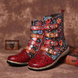Flower Power Women's Mid Calf Boots - Boho Retro Vintage Classic Shoes-Women's mid-calf martin style, low platform faux-leather rubber sole boots. Black and burgundy, beautiful colorful floral pattern, embossed toe, weathered cork pattern EVA midsoles. Large metal buckle straps, interior ankle zipper. New trendy, bright bold bohemian 1990s/1960s hippie fashion footwear. Free shipping to USA.-