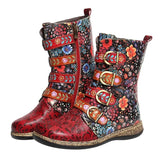 Flower Power Women's Mid Calf Boots - Boho Retro Vintage Classic Shoes-Women's mid-calf martin style, low platform faux-leather rubber sole boots. Black and burgundy, beautiful colorful floral pattern, embossed toe, weathered cork pattern EVA midsoles. Large metal buckle straps, interior ankle zipper. New trendy, bright bold bohemian 1990s/1960s hippie fashion footwear. Free shipping to USA.-4 US / 35 EUR-