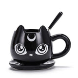 -High quality ceramic black cat with crescent moon coffee mug, spoon and saucer set. Free shipping from abroad. 2 shipping options: slower averaging 2-4 weeks to the USA or faster averaging 2 weeks. 

Crescent moon luna kitty anime witch cat witches familiar goth gothic witchcraft coffee mug tea cup gift set.-Faster Shipping-Left Handle-