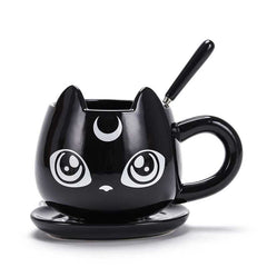 -High quality ceramic black cat with crescent moon coffee mug, spoon and saucer set. Free shipping from abroad. 2 shipping options: slower averaging 2-4 weeks to the USA or faster averaging 2 weeks. Crescent moon luna kitty anime witch cat witches familiar goth gothic witchcraft coffee mug tea cup gift set.-Faster Shipping-Left Handle-