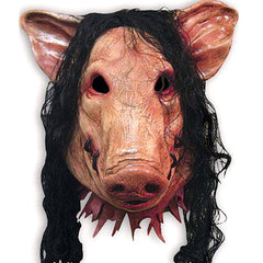 -Over-the-head latex horror movie pig mask with attached hair. One size fits most. Free shipping from abroad. Typically arrives to the US in 2-3 weeks. Scary terrifying saw franchise piggy henchmen creepy af halloween mask costume cosplay haunted house bondage bdsm escape room LARP realistic pigman-