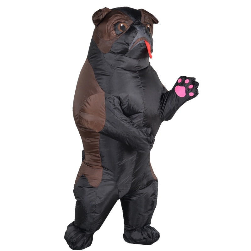 -Inflatable party pug costume made of waterproof polyester. Comes equipped with a battery powered blower fan and hanger bag. One size, Suitable for older kids, teens and adults 150-190cm / 4'11" to 6'2" Free Shipping to the USA and worldwide. Funny novelty halloween dog fancy dress cosplay puppy suit cute weird fun air-