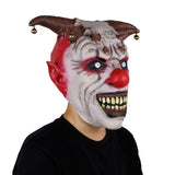 -A hellspawn demonic clown with horns tipped in bells like a jester's cap. Deluxe latex over-the-head mask. One size fits most. Free shipping from abroad. Typically arrives in 2-3 weeks to the USA. Halloween mask killer clown costume cosplay circus horror nightmare demon joker-