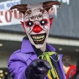 -A hellspawn demonic clown with horns tipped in bells like a jester's cap. Deluxe latex over-the-head mask. One size fits most. Free shipping from abroad. Typically arrives in 2-3 weeks to the USA. Halloween mask killer clown costume cosplay circus horror nightmare demon joker-