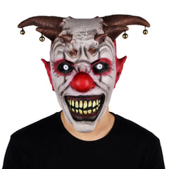 -A hellspawn demonic clown with horns tipped in bells like a jester's cap. Deluxe latex over-the-head mask. One size fits most. Free shipping from abroad. Typically arrives in 2-3 weeks to the USA. Halloween mask killer clown costume cosplay circus horror nightmare demon joker-