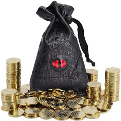Black Dragon Leather Coinpurse and Metal Coins (50) for DND RPG COSPLAY-A small fraction of a dragon's horde, relic from a dragonslayer's victory or local currency among dragon worshippers... Whatever your quest, the textured leather pouch with dragon's eye and golden coins are sure to enhance your campaign. Gold colored alloy tokens with Norse compass backs RPG LARP Dungeons D&D Accessory-