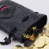 Black Dragon Leather Coinpurse and Metal Coins (50) for DND RPG COSPLAY-A small fraction of a dragon's horde, relic from a dragonslayer's victory or local currency among dragon worshippers... Whatever your quest, the textured leather pouch with dragon's eye and golden coins are sure to enhance your campaign. Gold colored alloy tokens with Norse compass backs RPG LARP Dungeons D&D Accessory-