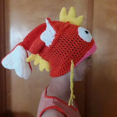 Magikarp Hat - Red or Gold - Handmade Knit-High quality handmade acrylic wool Magikarp hat in both kid's and adult sizes. Free shipping from abroad. Typically arrives to the USA in about 2-3 weeks. Funny weird novelty knitted crocheted pokemon fish beanie cap red or gold, fishy head warmer gift-
