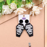 -Black glitter acrylic coffin dangle earrings (about 50x31mm / 2x1.2") with white text: Thick Thighs and Spooky Vibes. Free shipping from abroad.

Funny goth gothic halloween drop dangle earrings jewelry sparkle accessory nugoth dark punk bat fashion gift-