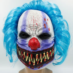 Neon Nightmare Murder Clown Mask - Full Over The Head Mask, Halloween-A murderous evil clown with a wide grin showing a mouth full of sharp teeth, his blood splattered white clown face accented with light purple with bright blue attached wig. 100% natural latex. Free shipping. Halloween costume horror creepy evil circus clown retro 80s eighties 1980s 1990s nineties 90s videogame video-