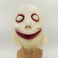 -Disturbing and unique, ghostly and ghastly grinning face latex over the head mask. One size fits most. Free shipping from abroad. Typically arrives in 2-3 weeks to the USA. Strange funny weird weirdest creepy bizarre freaky momo smiling smile challenge cursed halloween costume cosplay scary -