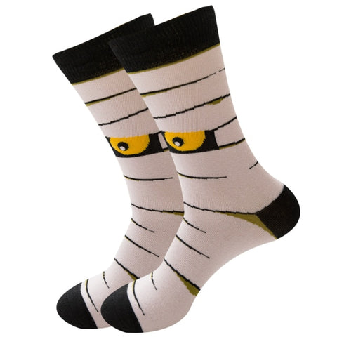 -Funny, high quality, unisex cotton/polyester blend Halloween socks. One size fits most up to mens shoe size 8.5 (42 European). Free shipping from abroad. These typically arrive to the US in about 2-3 weeks.-