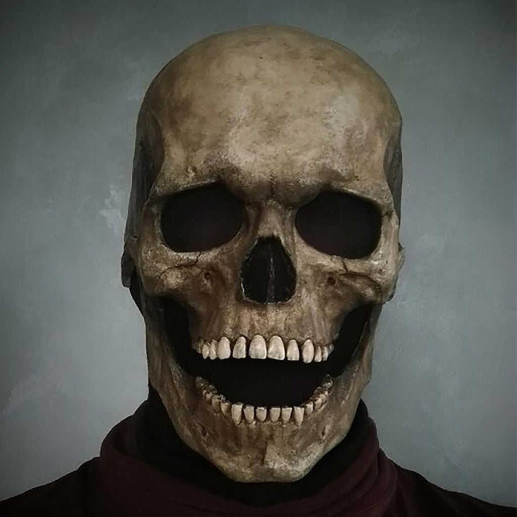 Realistic Moving Jaw Skull Mask - Full Head, Soft or Hard Latex, USA-Full head, realistic skeleton mask with mechanism which allows your mouth to move the jaw. Available in both bone white and antiqued, hard or soft latex. Ideal for any skeletal cosplay or Halloween costume.One size fits most. Ships from the USA. Horror movable advanced deluxe goth gothic creepy spooky prank grim reaper-Antiqued-Hard Latex-