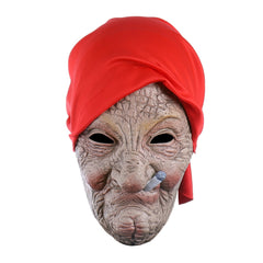 -Classic wrinkled old woman with cigarette and head scarf latex mask. One size fits most (ideal for a head circumference of 53-60cm). Free shipping from abroad. Typically arrives in 2-3 business days to the USA. Granny grandmother smoking gypsy woman old lady wrinkly vintage style witch strega nonna nana -