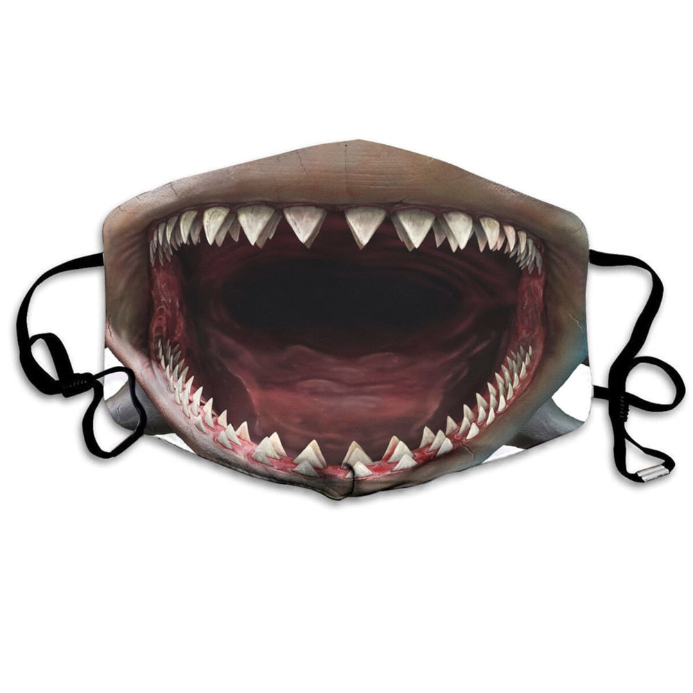 -Quality reusable polyester fabric face mask with elastic ear loops, adjustable nose clip and filter pocket. Free Shipping from abroad. Typically arrives in about 2-3 weeks to the USA. Funny weird scary sharks mouth double row teeth realistic 3D costume cosplay PPE adults kids strange safety face covering novelty-