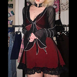 -Red gothic mini dress with spaghetti straps, black fishnet overlay and lace edging. Straight cut, pullover, cotton and polyester blend materials. See size charts. Free shipping.

Goth y2k grunge fashion gothic clubwear minidress above the knee length sexy tough alternative girl womens juniors backless wine camisole-